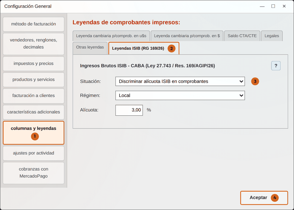 Configuración General, solapa Leyendas ISIB (RG 169/26)