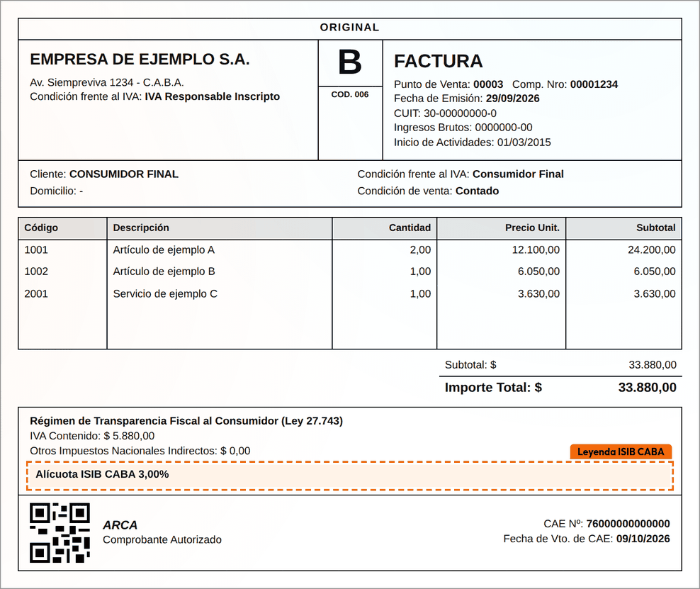 Factura B con la leyenda Alícuota ISIB CABA al pie