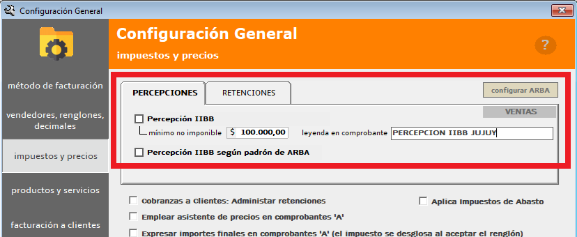 Configuración percepción IIBB Jujuy en GESTIONPRO